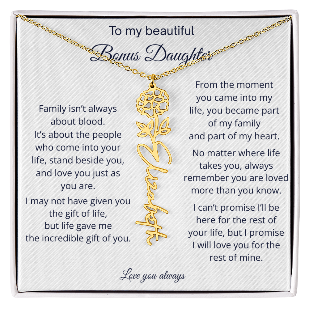 Bonus Daughter Jewelry Gift - Personalized Birth Flower Name Necklace