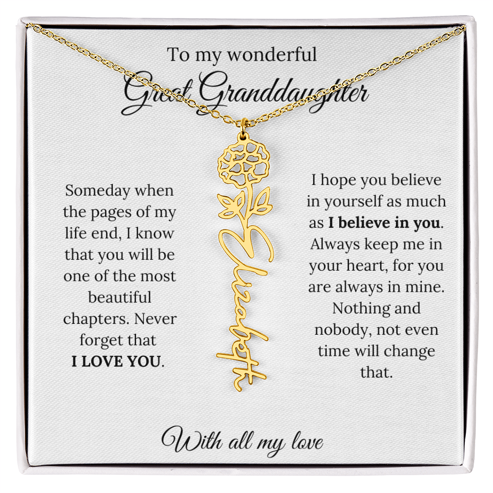 Great Granddaughter Birth Flower Name Necklace – “You Are One of the Most Beautiful Chapters” – Custom Keepsake Jewelry Gift