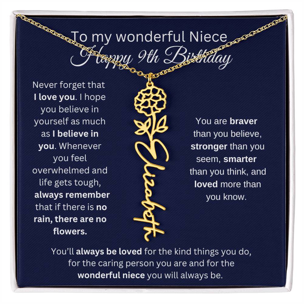 To My Wonderful Niece | Happy 9th Birthday | Flower Name Necklace