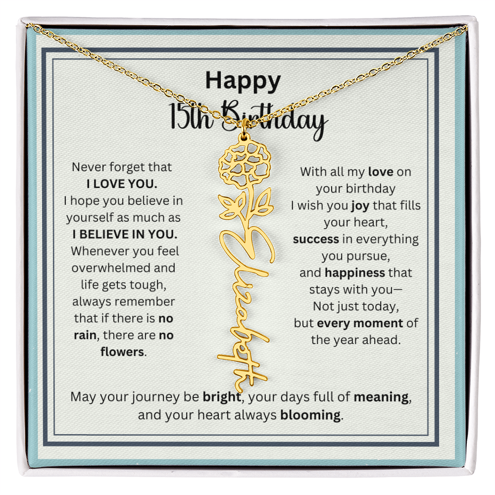 Personalized 15th Birthday Gift for Her - Birth Flower Necklace with Card