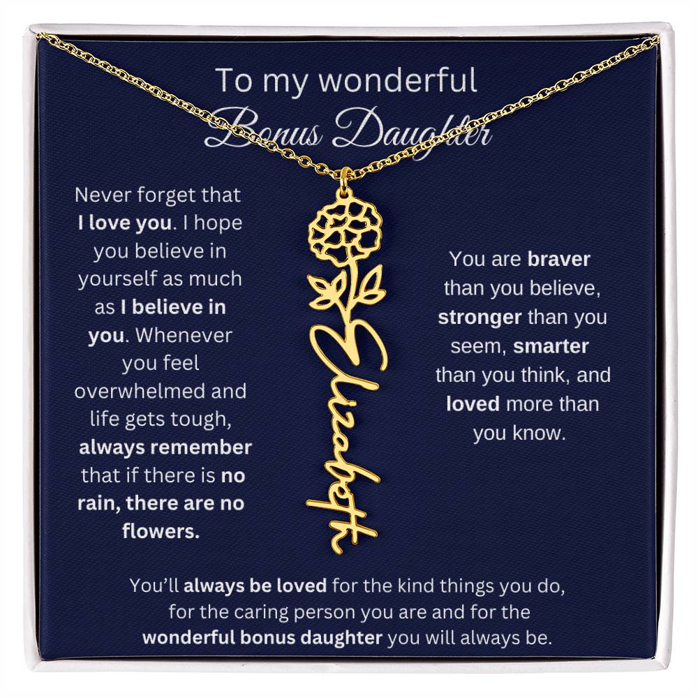 To My Wonderful Bonus Daughter - I Love You - Flower Name Necklace