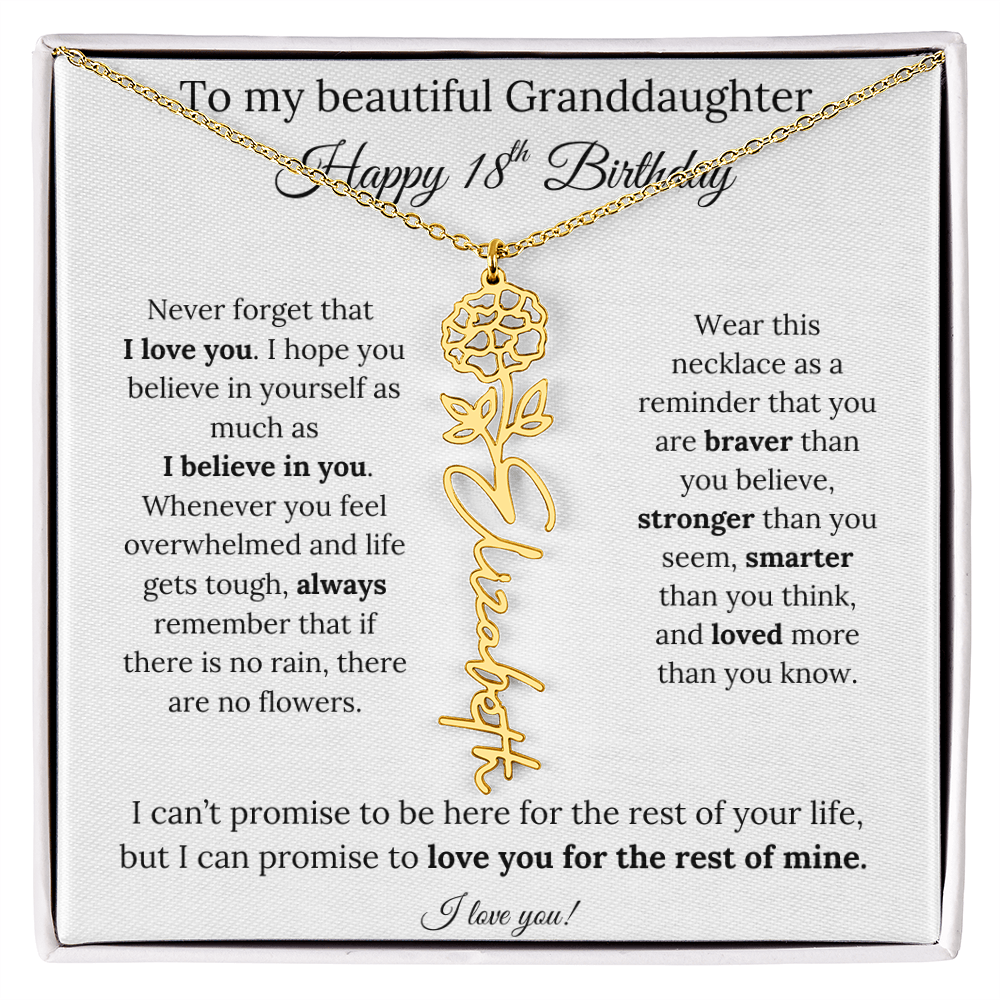 18th Birthday Gift for Granddaughter Flower Name Necklace with Message Card