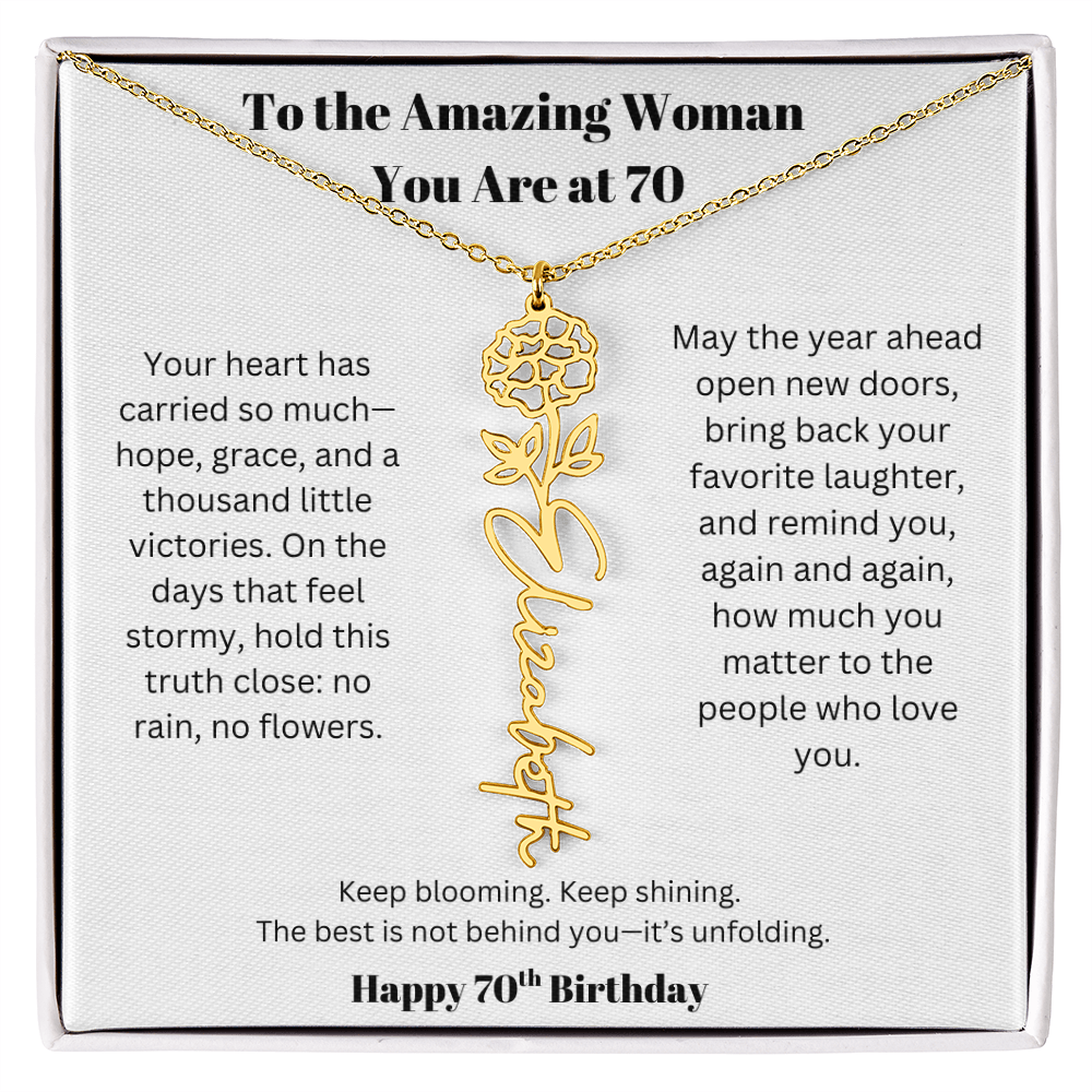 To The Amazing Woman | 70th Birthday Keepsake Jewelry | Flower Name Necklace