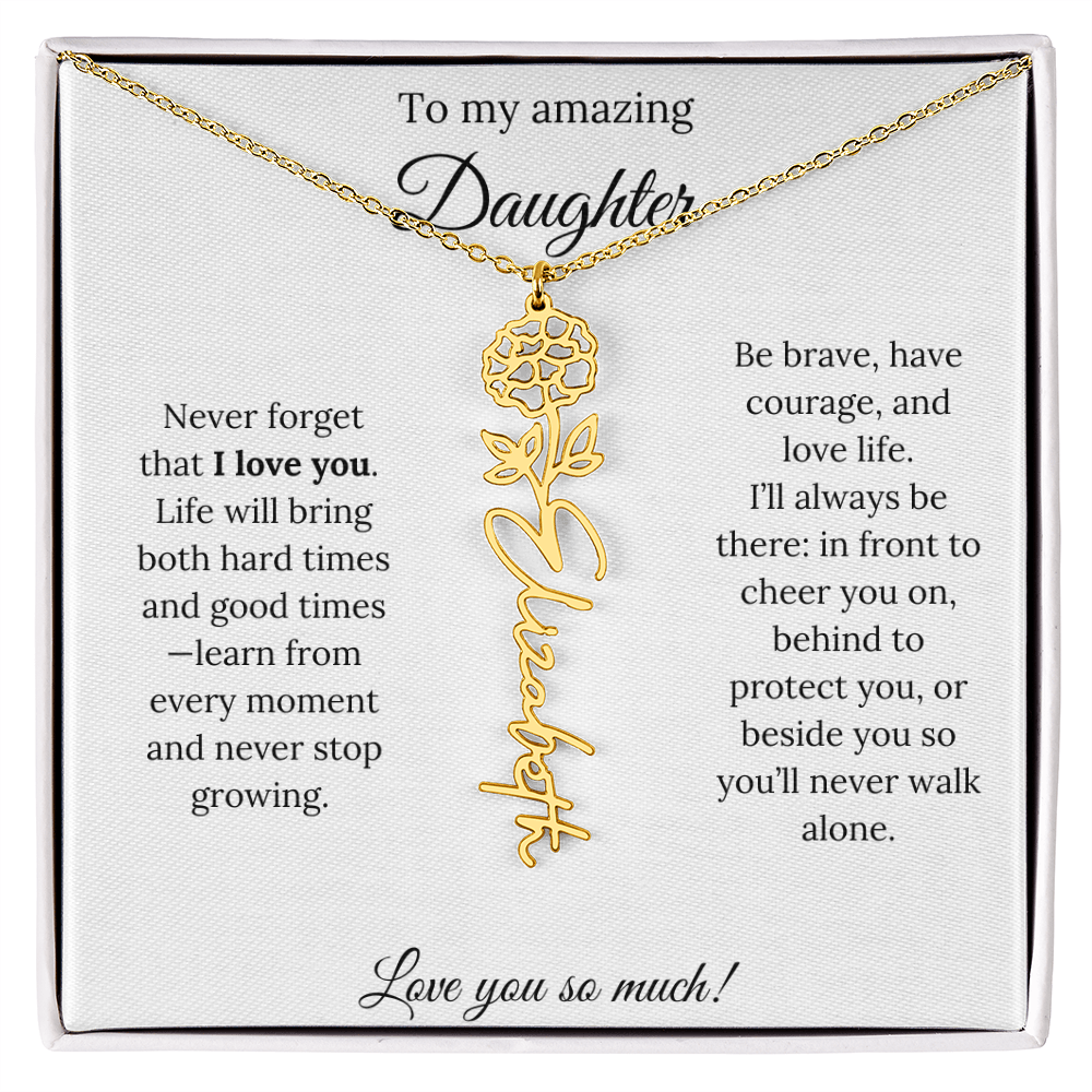 Personalized Daughter Necklace with Birth Flower Name & Inspiring Quote Card