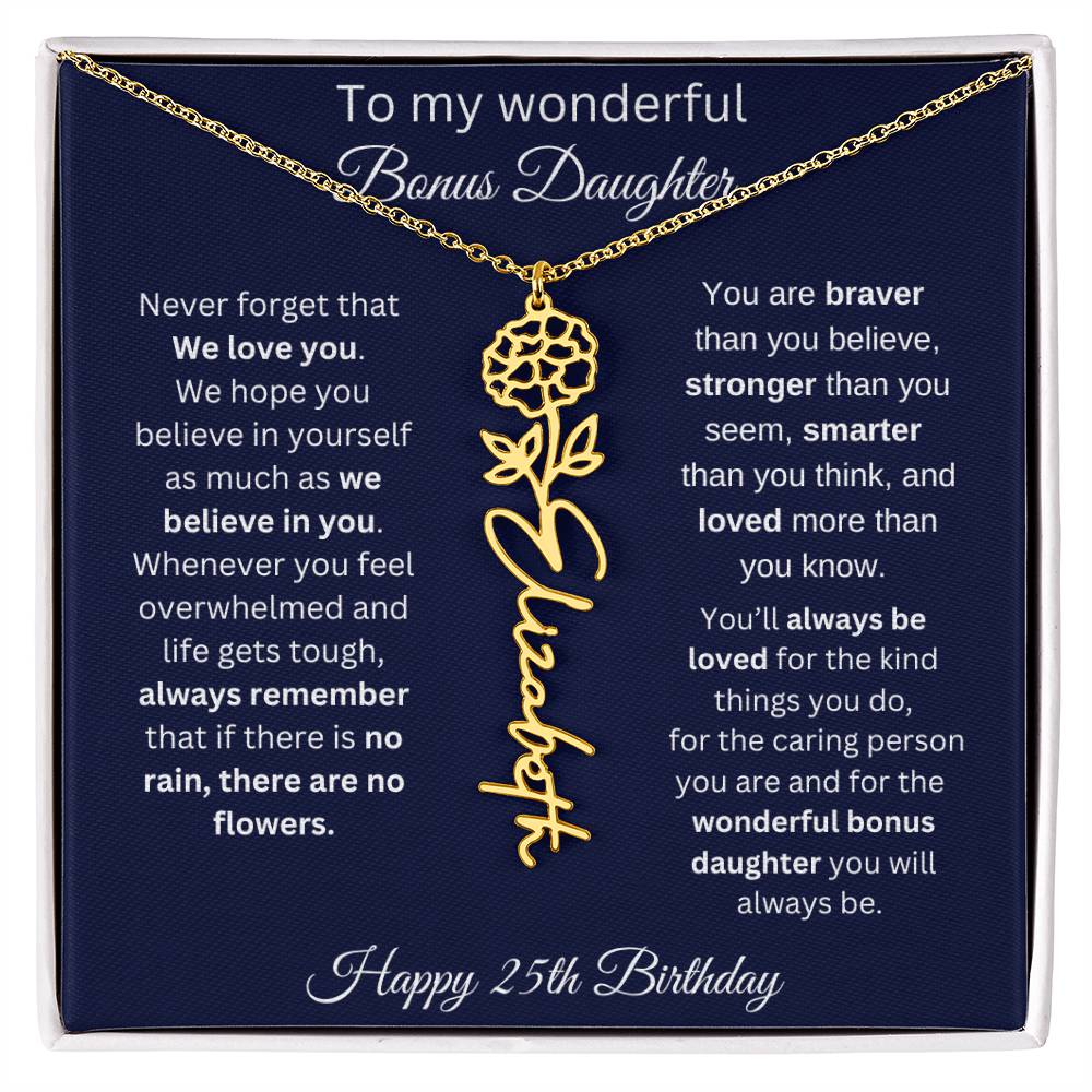 25th Birthday Gift For Bonus Daughter - Personalized Birthmonth Flower Name Necklace