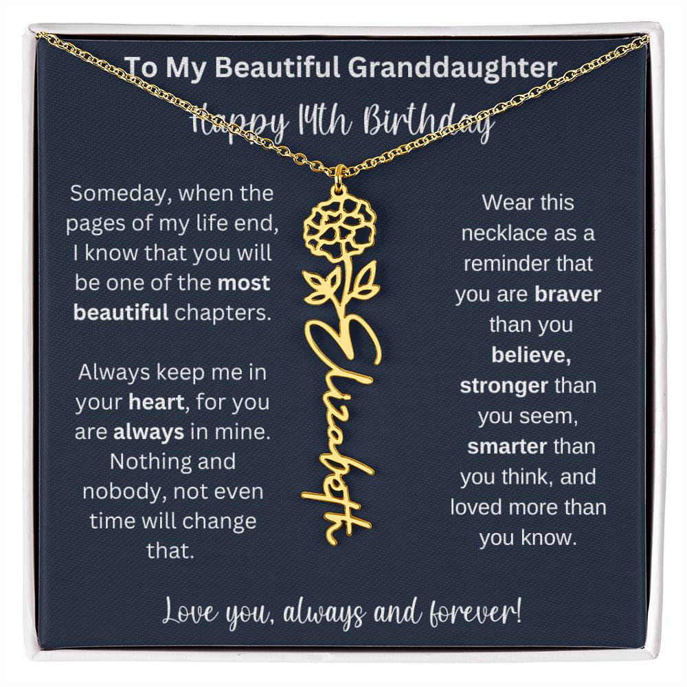 14th Birthday Gift For Granddaughter | Personalized Birth Flower Name Necklace