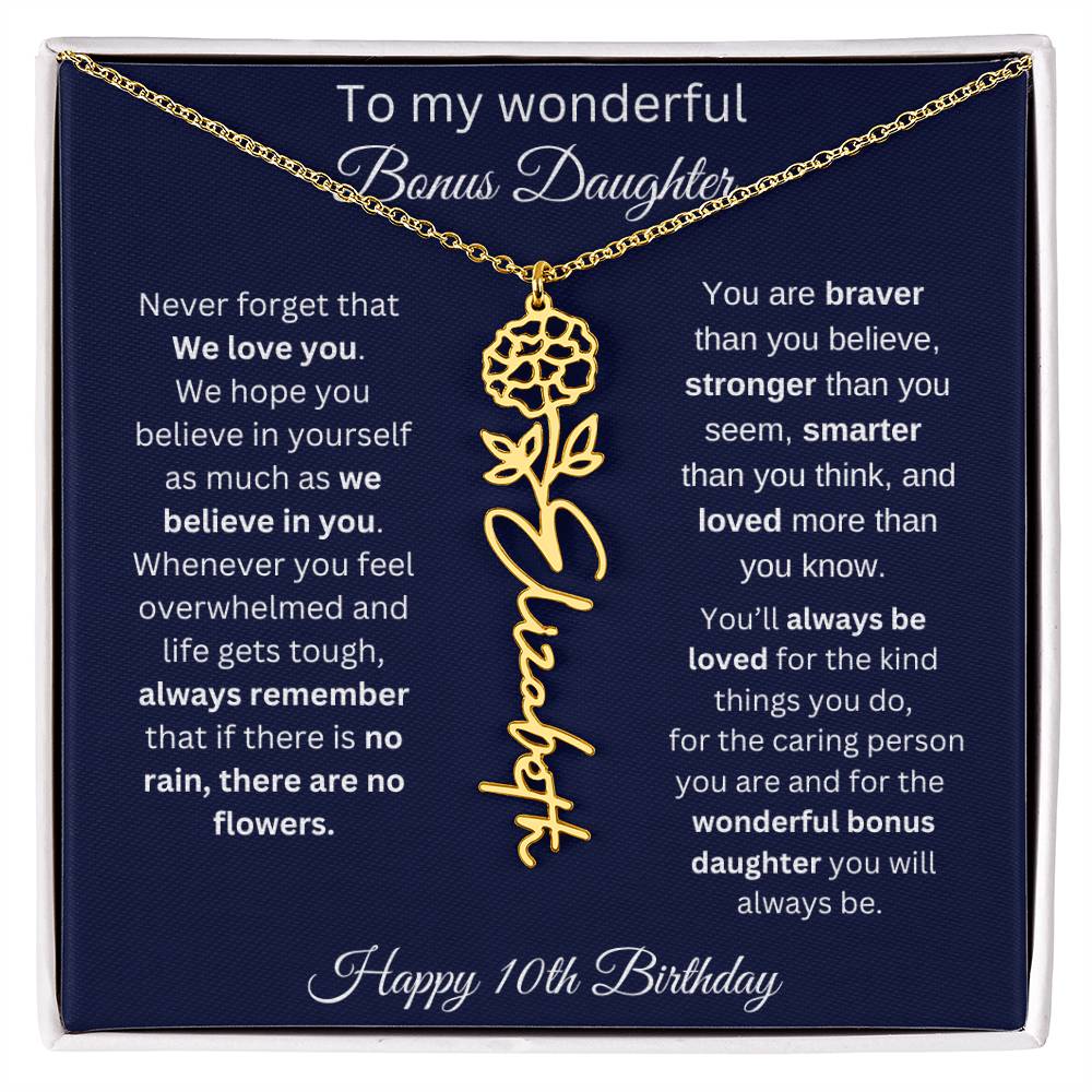 10th Birthday Gift For Bonus Daughter - Personalized Birthmonth Flower Name Necklace