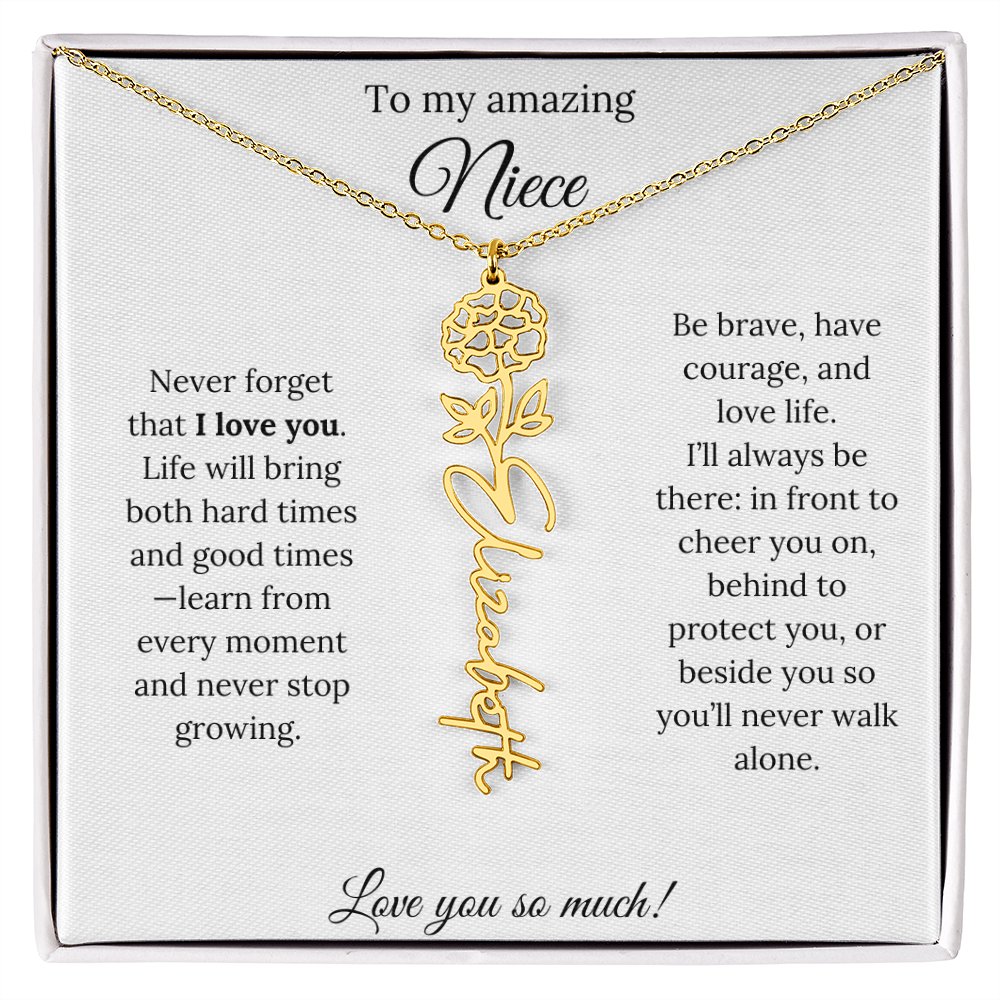 Niece Gift – Birth Flower Name Necklace + Inspiring Message Card