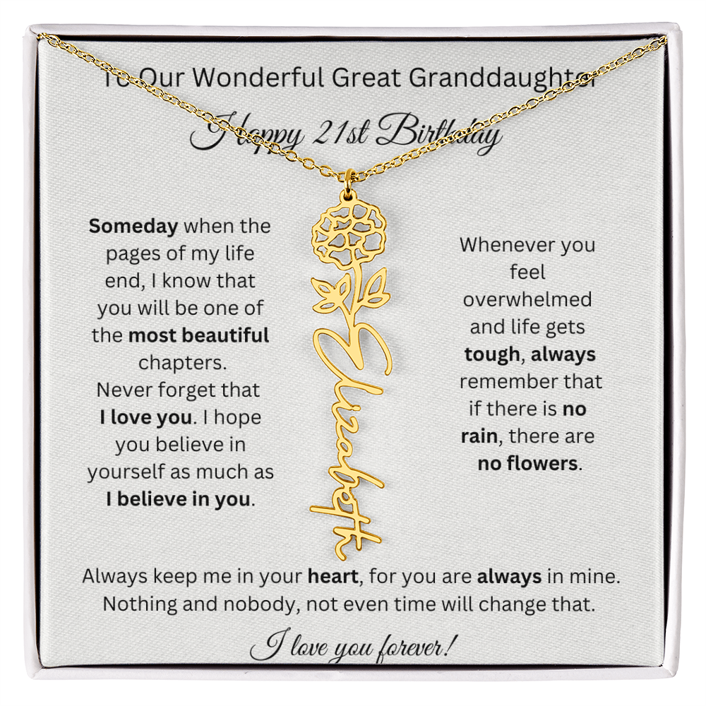 Birthflower Name Necklace To My Great Granddaughter's 21st Birthday