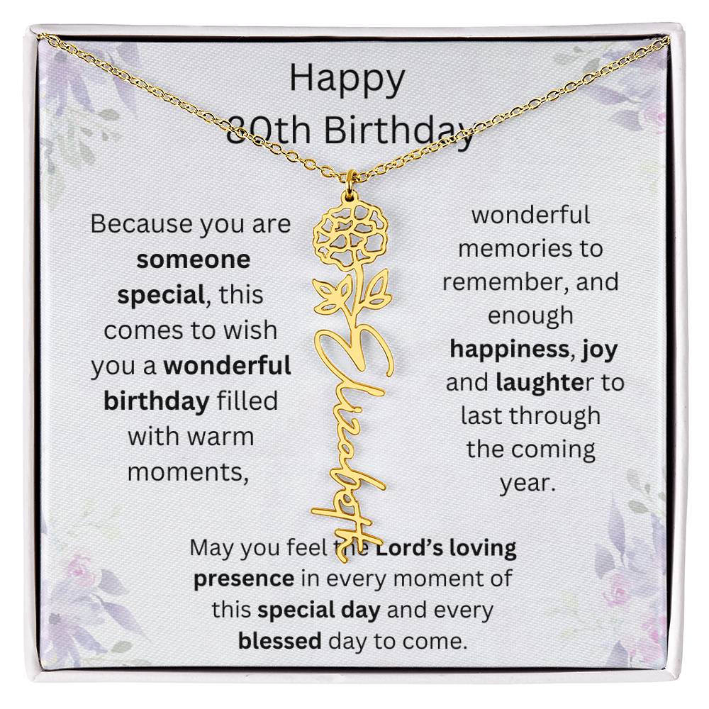 Wishing You Happiness, Joy & Laughter - Happy 80th Birthday | Flower Name Necklace