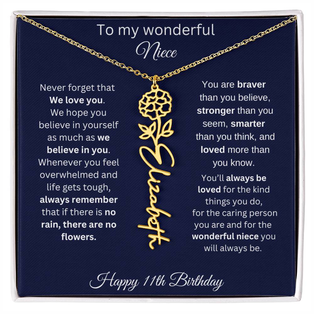 11th Birthday Gift For Niece - Personalized Birthmonth Flower Name Necklace