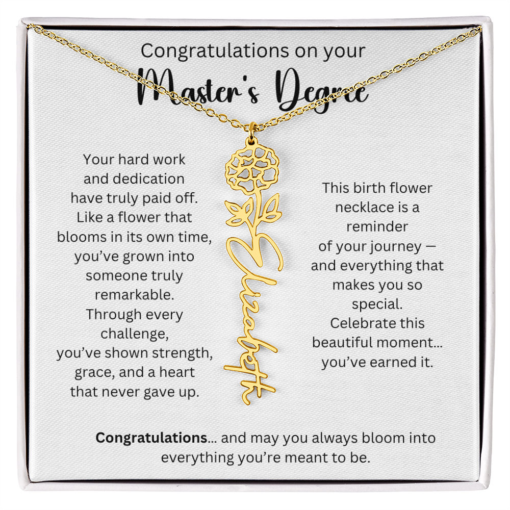 Personalized Masters Graduation Keepsake Gift - Birth Flower Name Necklace