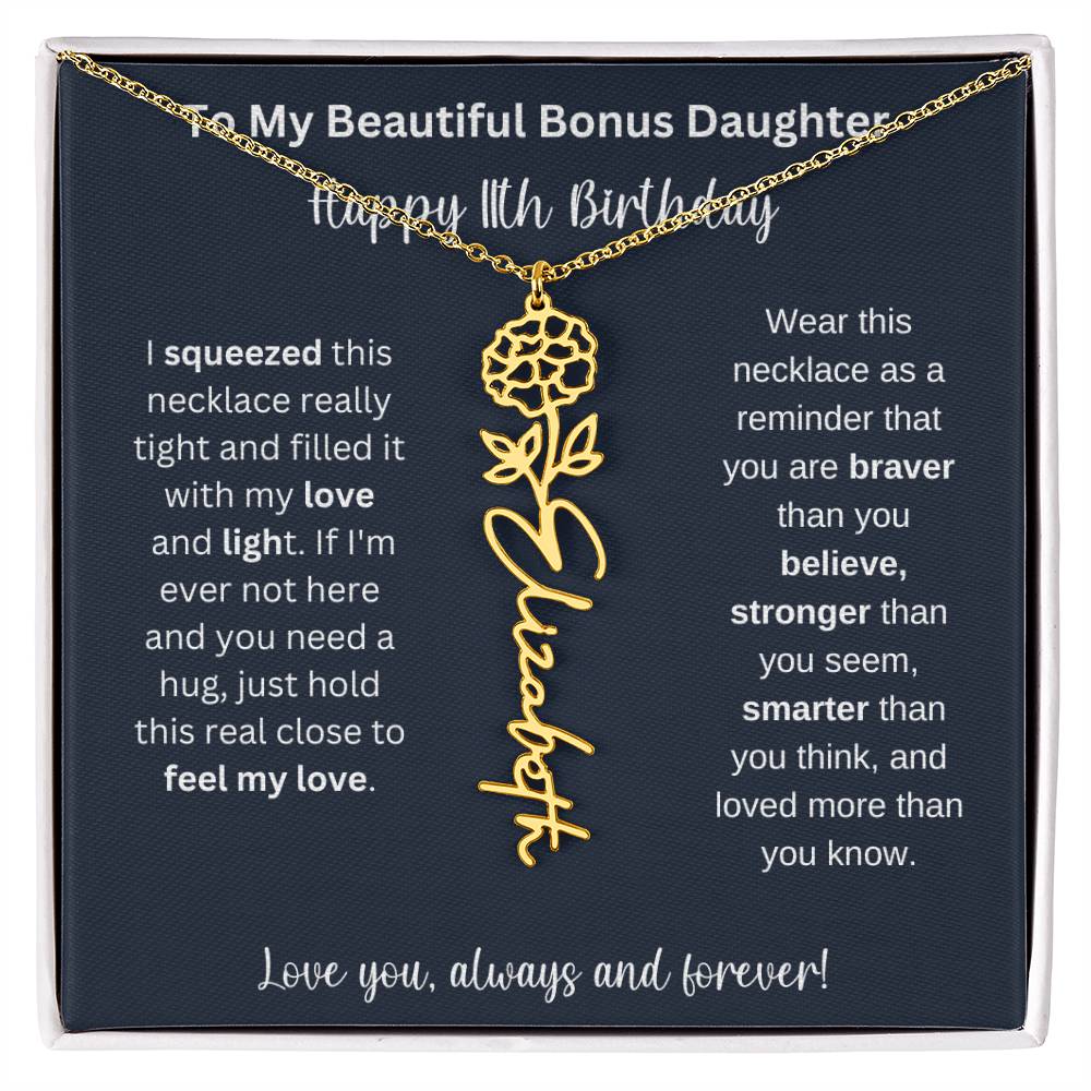 To My Beautiful Bonus Daughter | Happy 11th Birthday | Flower Name Necklace