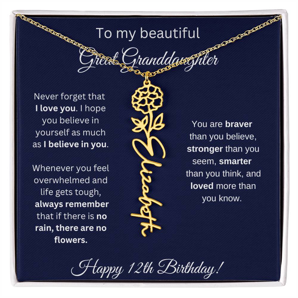 12th Birthday Gift For Great Granddaughter - Birthmonth Flower Name Necklace