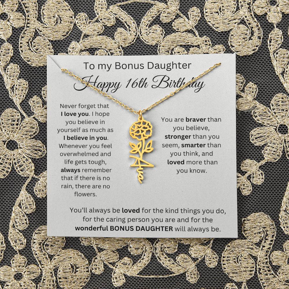 To My Bonus Daughter | Happy 16th Birthday | Flower Name Necklace
