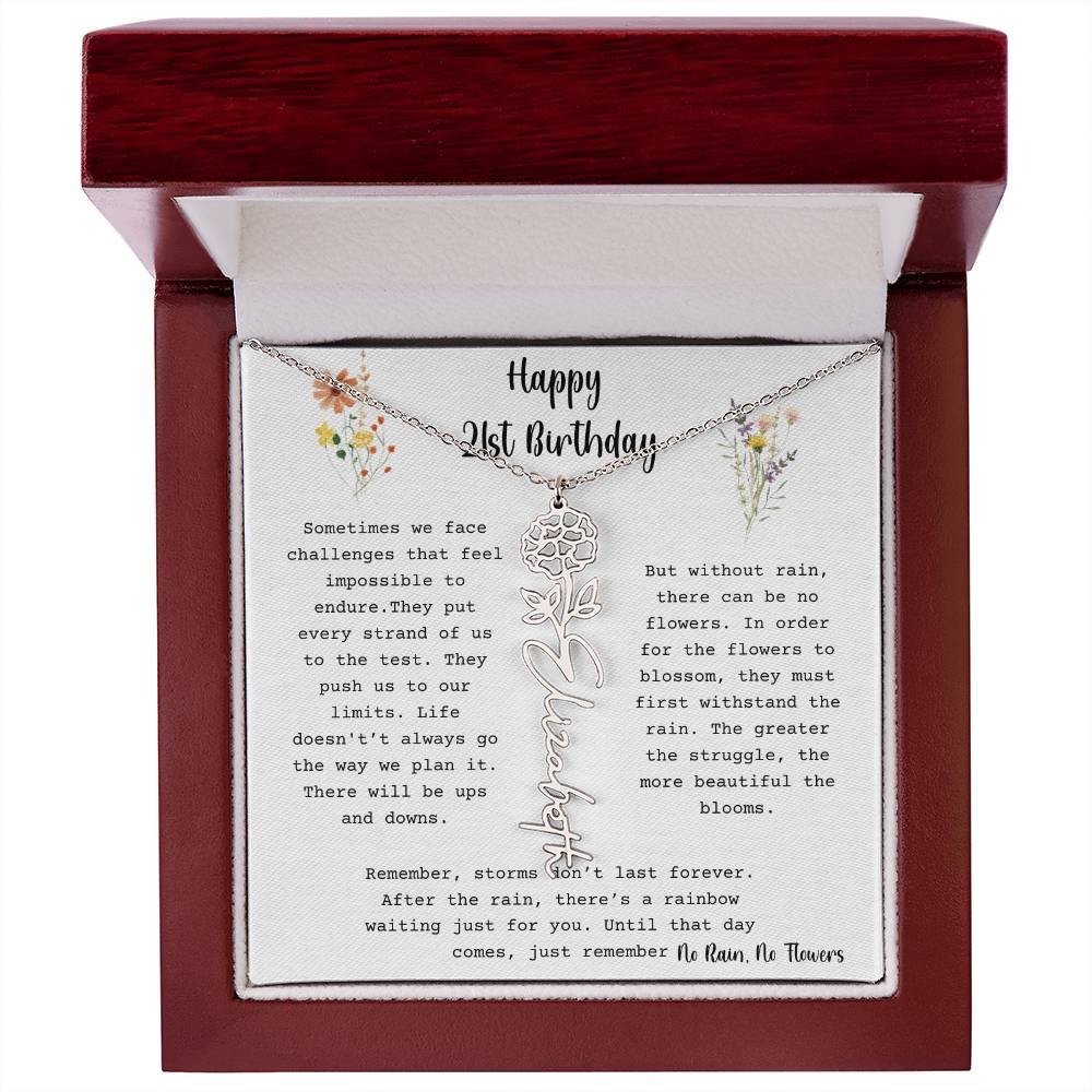 No Rain, No Flowers - Happy 21st Birthday - Flower Name Necklace