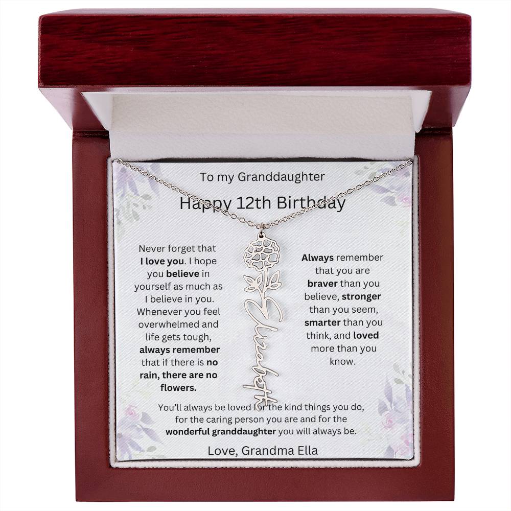 To My Granddaughter - Happy 12th Birthday | Flower Name Necklace