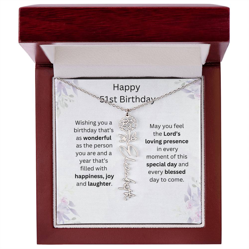 Wishing You Happiness, Joy & Laughter - Happy 51st Birthday | Flower Name Necklace