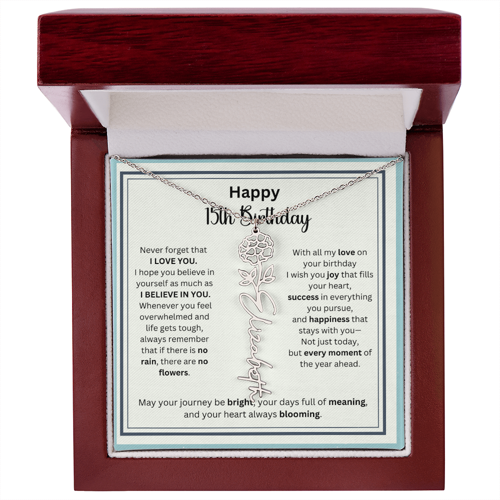 Personalized 15th Birthday Gift for Her - Birth Flower Necklace with Card