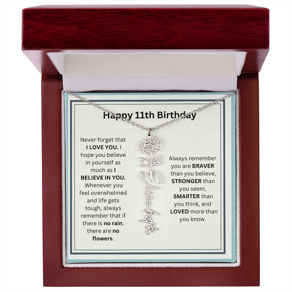 Personalized 11th Birthday Flower Name Necklace Gift