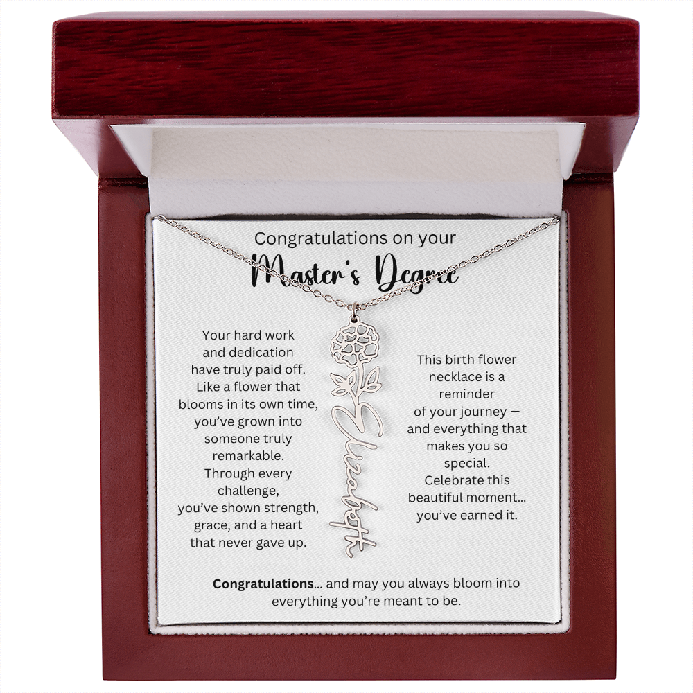 Personalized Masters Graduation Keepsake Gift - Birth Flower Name Necklace