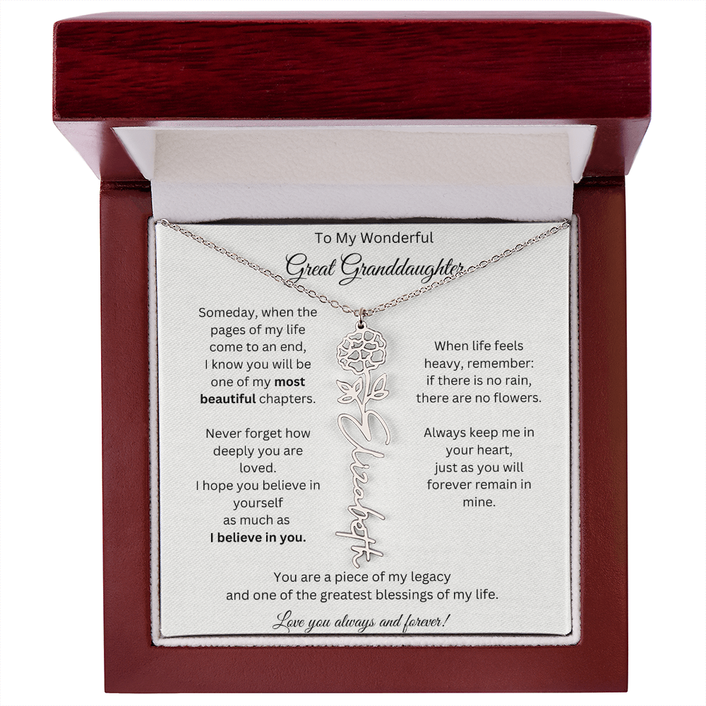 Great Granddaughter Gift - Custom Birth Flower Name Necklace