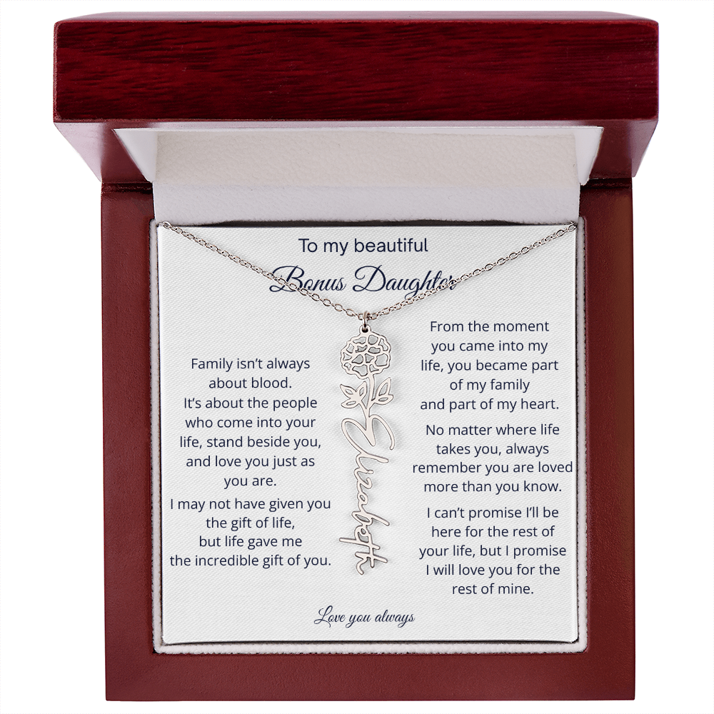 Bonus Daughter Jewelry Gift - Personalized Birth Flower Name Necklace