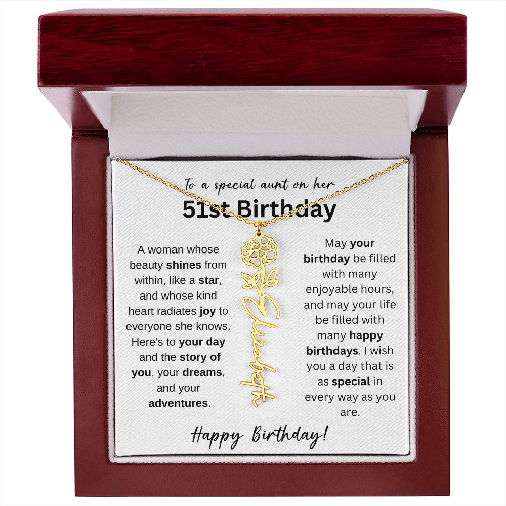 To A Special Aunt Happy 51st Birthday - Flower Name Necklace