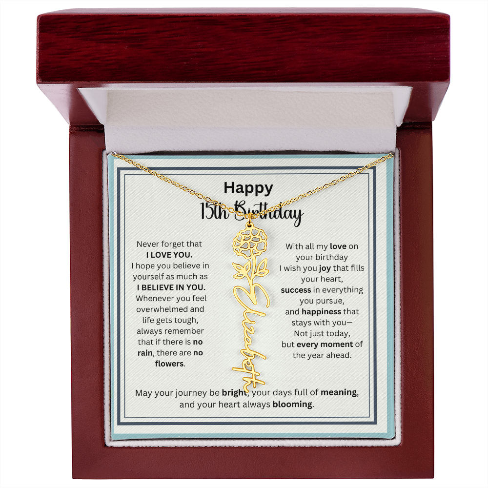 Personalized 15th Birthday Gift for Her - Birth Flower Necklace with Card