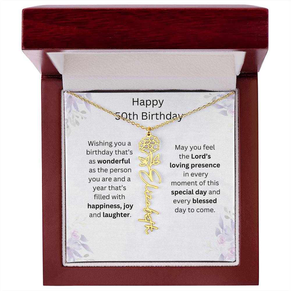 Wishing You Happiness, Joy & Laughter - Happy 50th Birthday | Flower Name Necklace