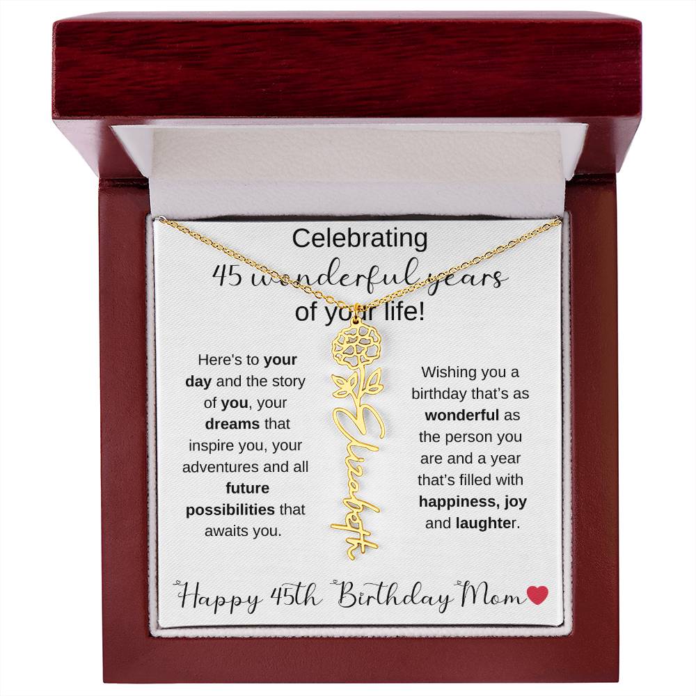 Happy 45th Birthday Mom - Flower Name Necklace