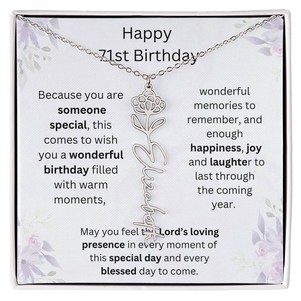 Wishing You Happiness, Joy & Laughter - Happy 71st Birthday | Flower Name Necklace