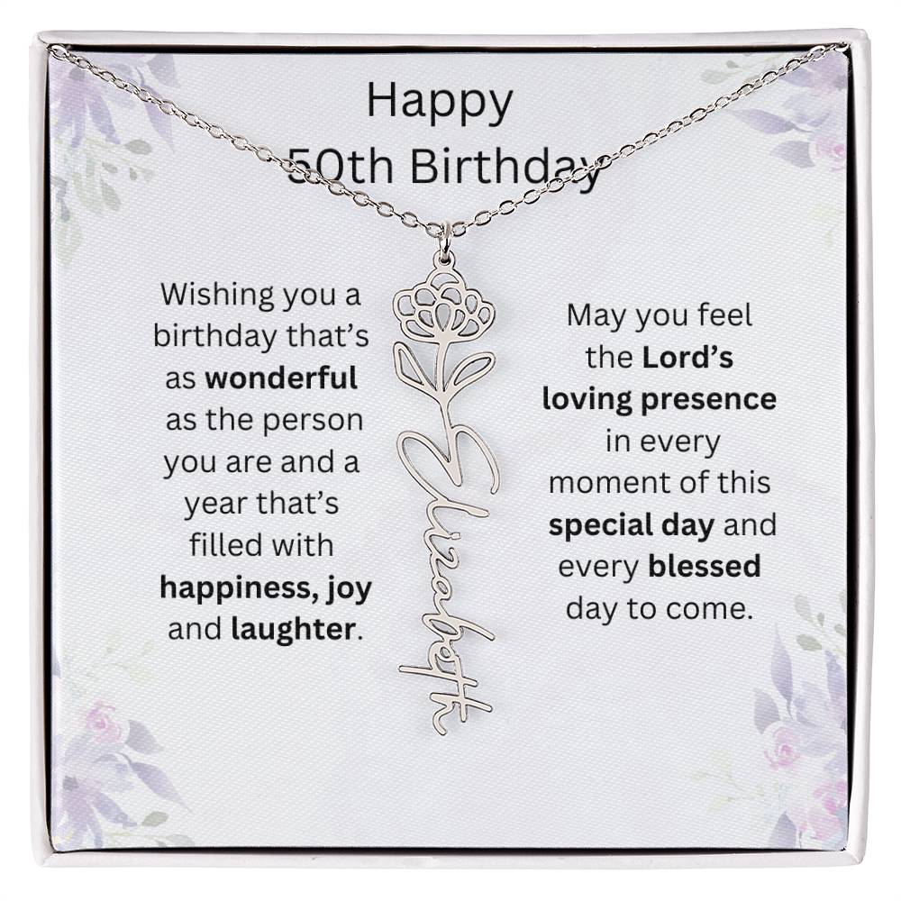 Wishing You Happiness, Joy & Laughter - Happy 50th Birthday | Flower Name Necklace