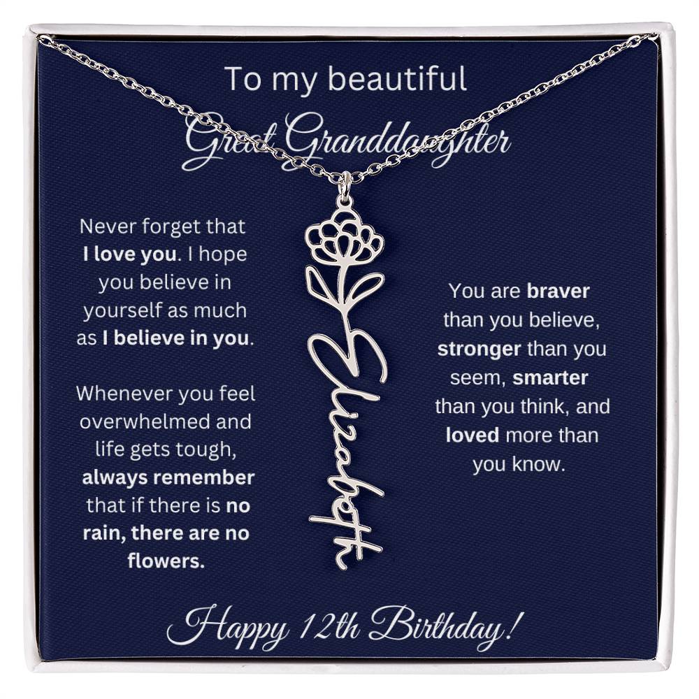 12th Birthday Gift For Great Granddaughter - Birthmonth Flower Name Necklace