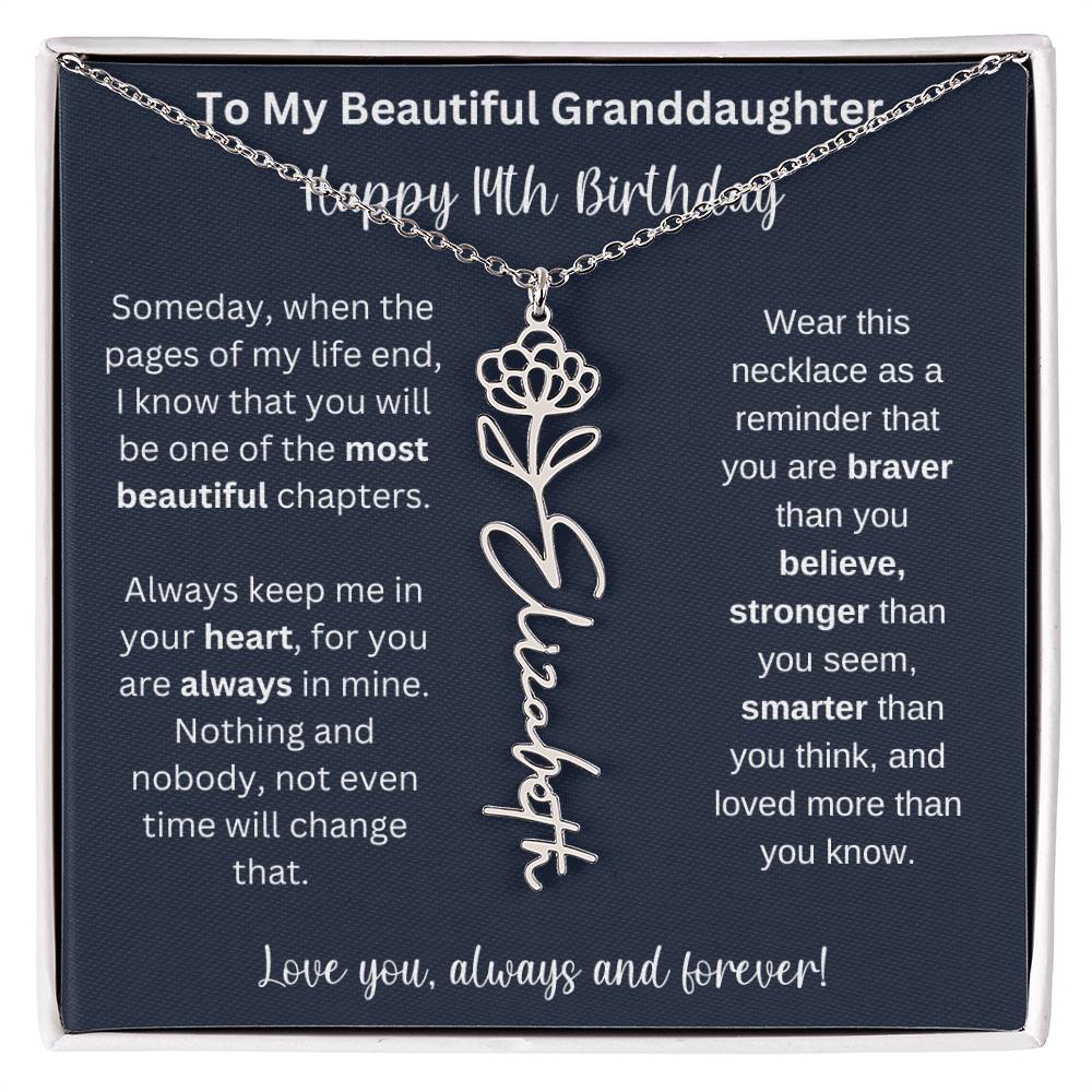 14th Birthday Gift For Granddaughter | Personalized Birth Flower Name Necklace