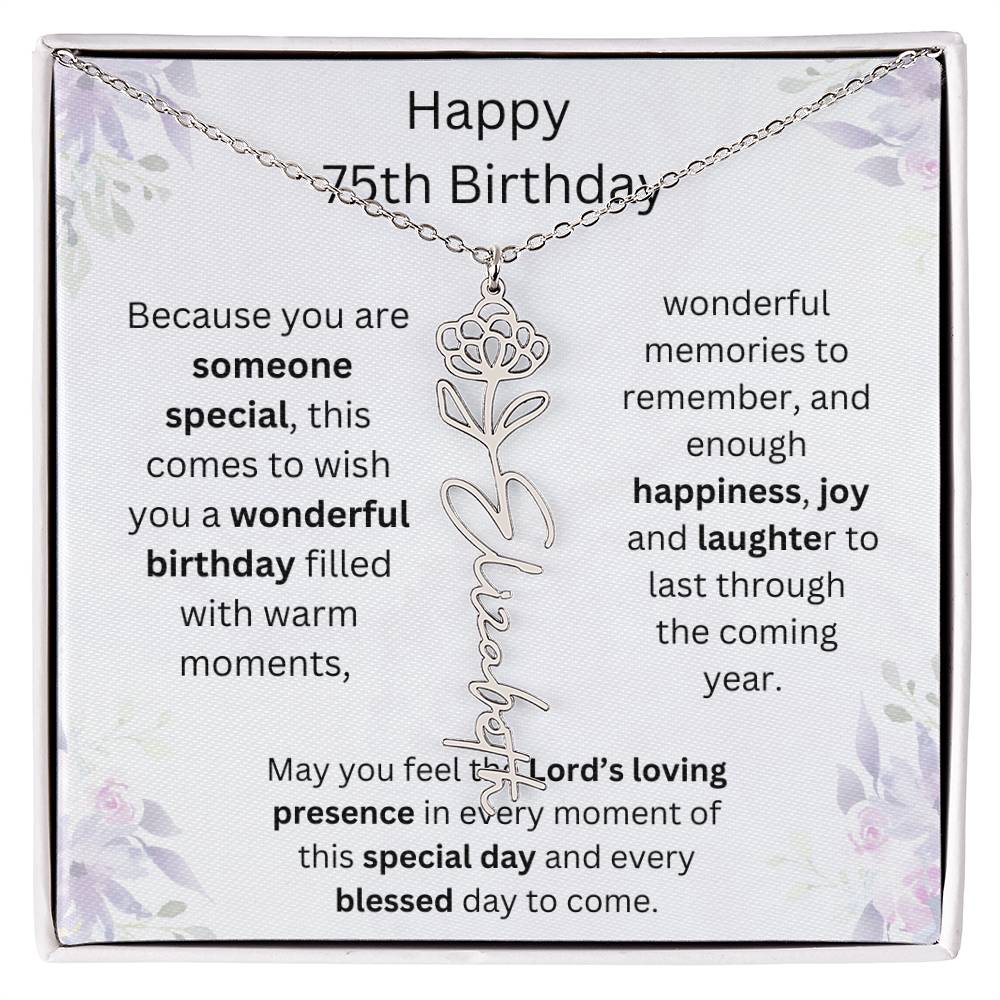 Wishing You Happiness, Joy & Laughter - Happy 75th Birthday | Flower Name Necklace