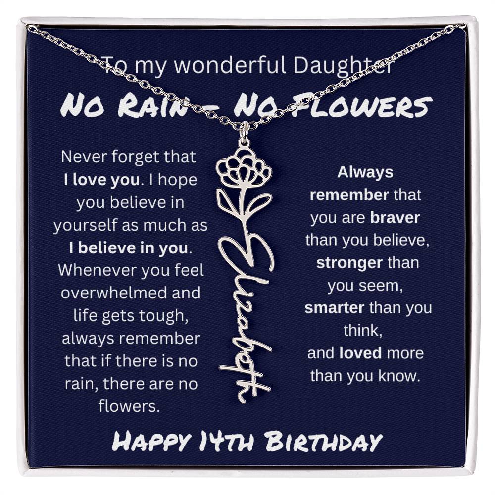 No Rain - No Flower | Happy 14th Birthday | Flower Name Necklace