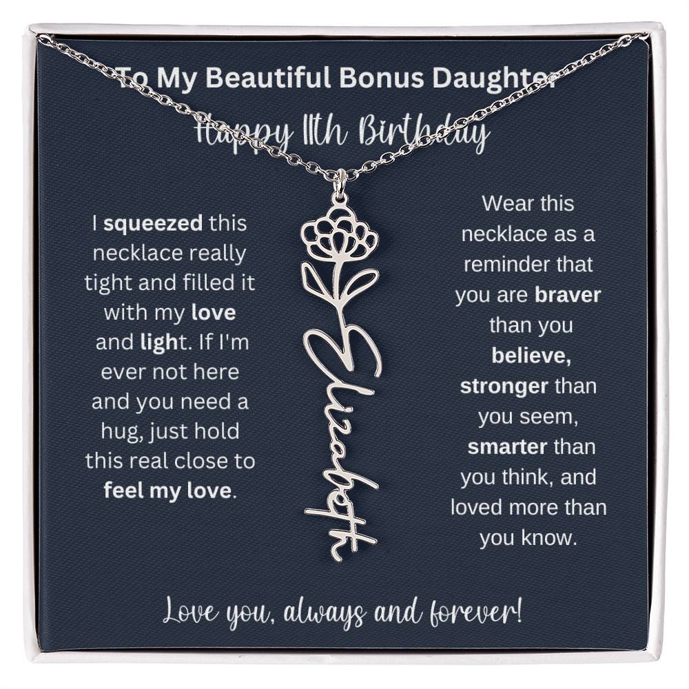 To My Beautiful Bonus Daughter | Happy 11th Birthday | Flower Name Necklace