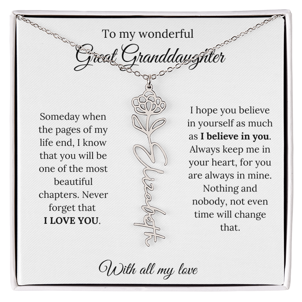 Great Granddaughter Birth Flower Name Necklace – “You Are One of the Most Beautiful Chapters” – Custom Keepsake Jewelry Gift