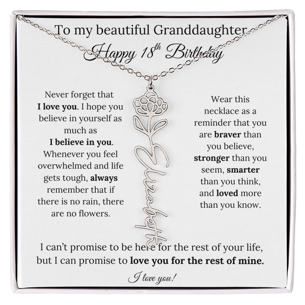 18th Birthday Gift for Granddaughter Flower Name Necklace with Message Card