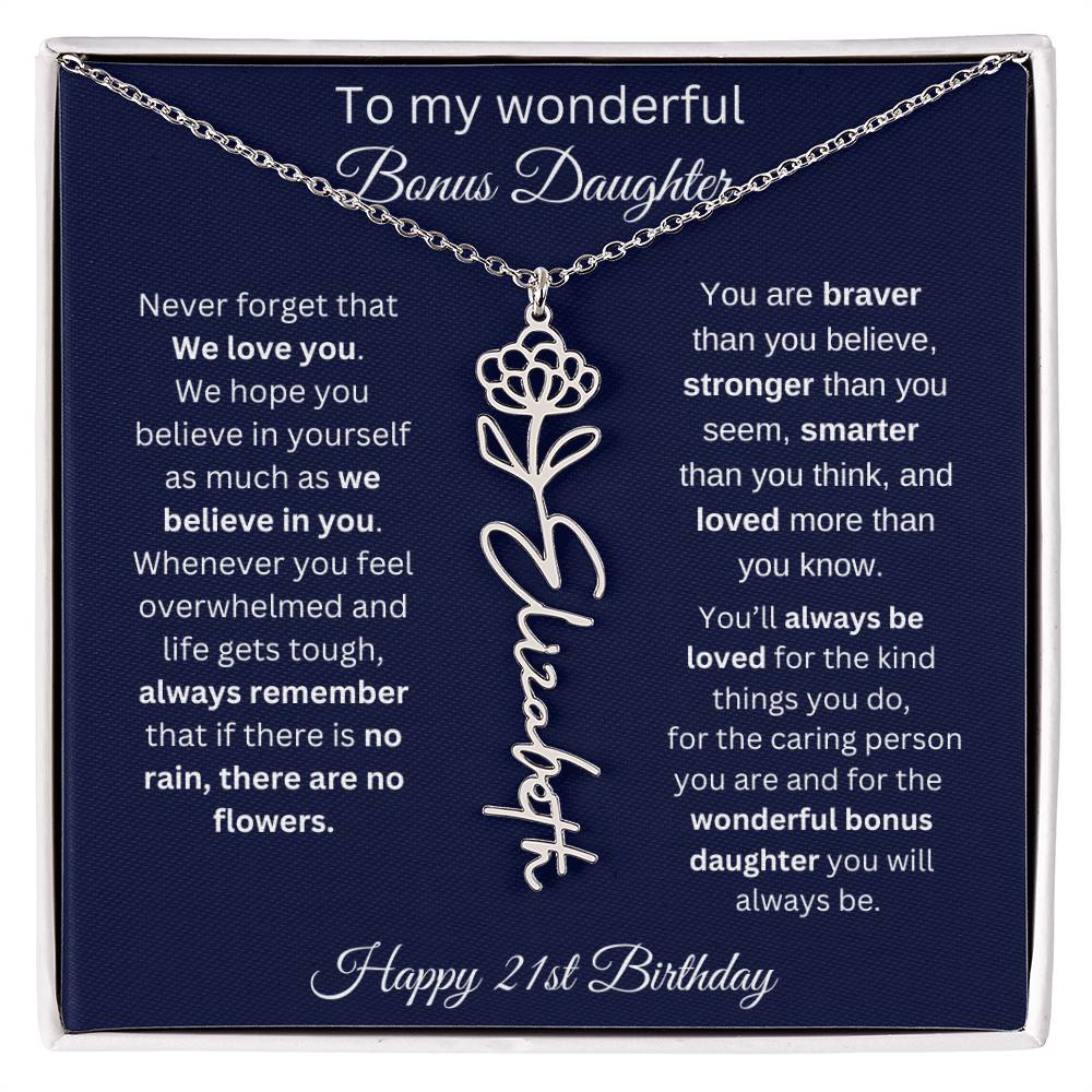 21st Birthday Gift For Bonus Daughter - Personalized Birthmonth Flower Name Necklace