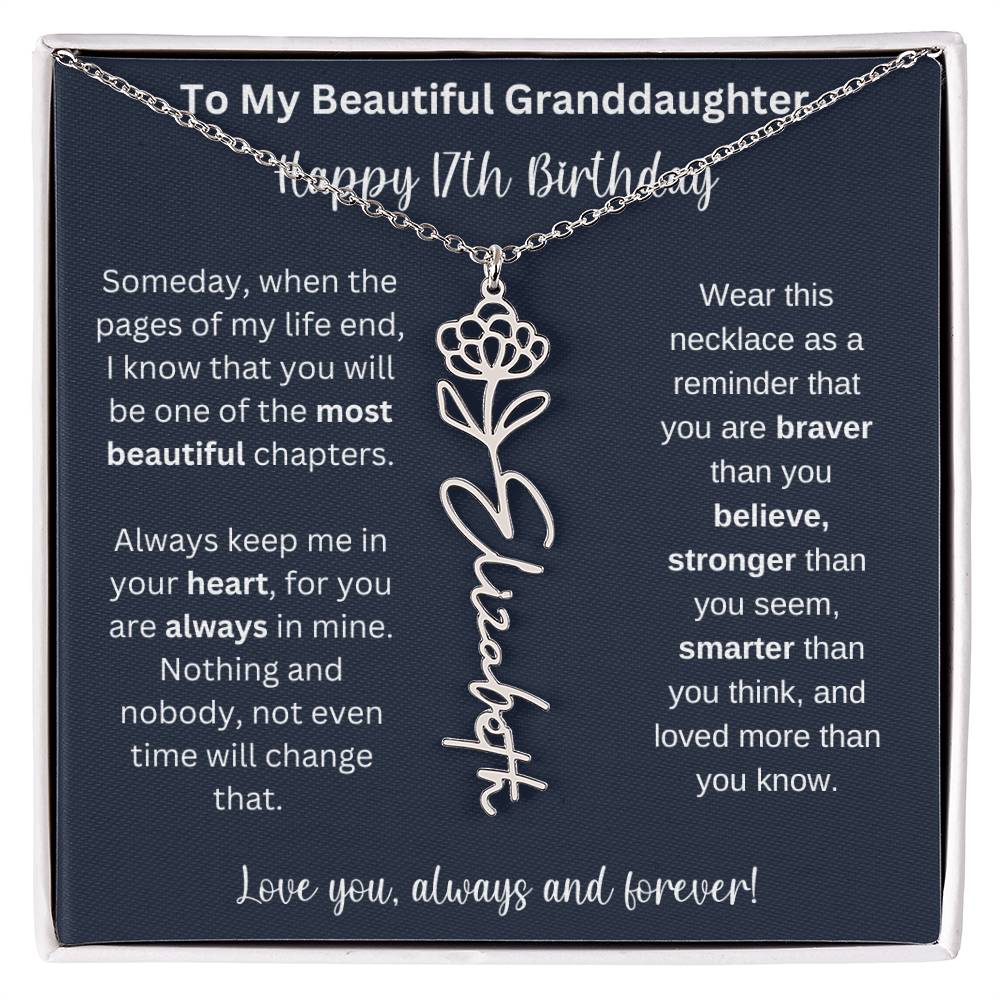 17th Birthday Gift For Granddaughter | Personalized Birth Flower Name Necklace