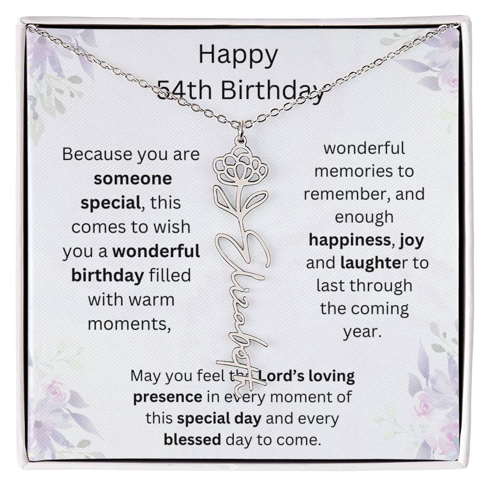 Wishing You Happiness, Joy & Laughter - Happy 54th Birthday | Flower Name Necklace