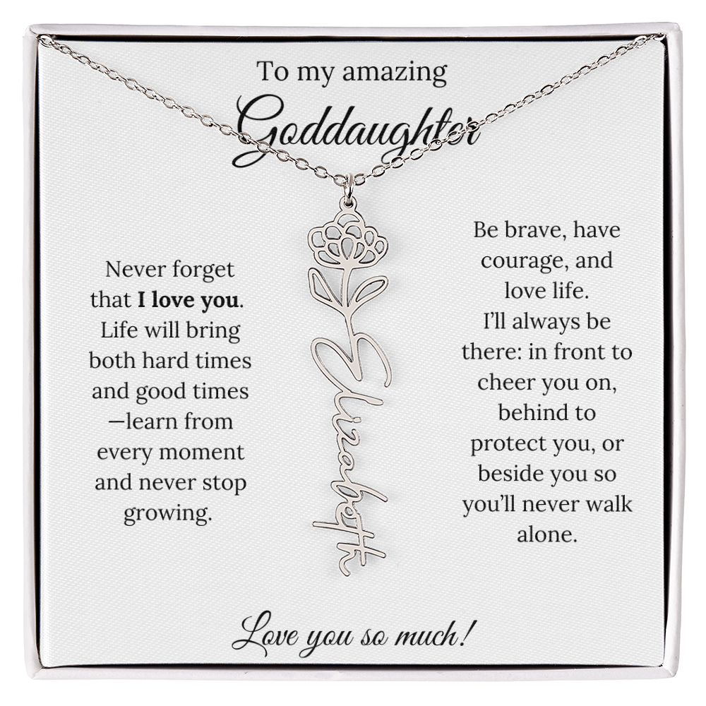 Never Forget I Love You Goddaughter Necklace – Personalized Birth Flower Jewelry + Quote Card Gift for Birthday