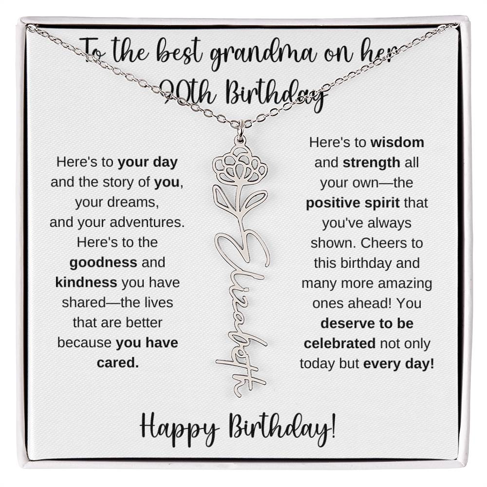 To The Best Grandma - Happy 90th Birthday | Flower Name Necklace