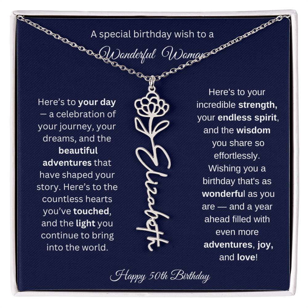 Happy 50th Birthday - Personalized Birth Flower Name Necklace with Message Card