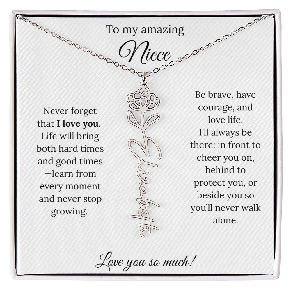 Niece Gift – Birth Flower Name Necklace + Inspiring Message Card