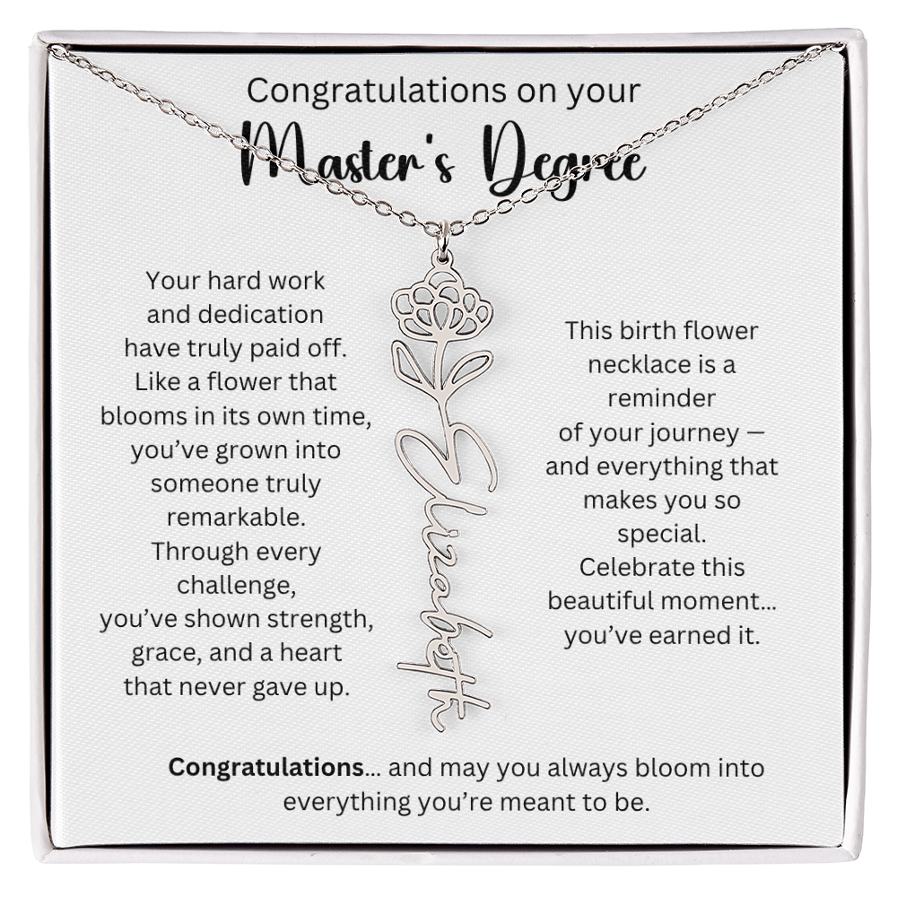 Personalized Masters Graduation Keepsake Gift - Birth Flower Name Necklace