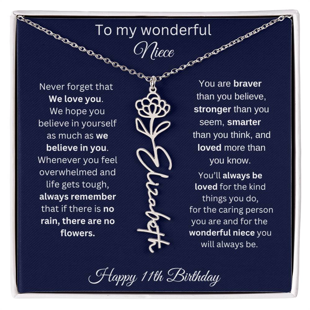 11th Birthday Gift For Niece - Personalized Birthmonth Flower Name Necklace