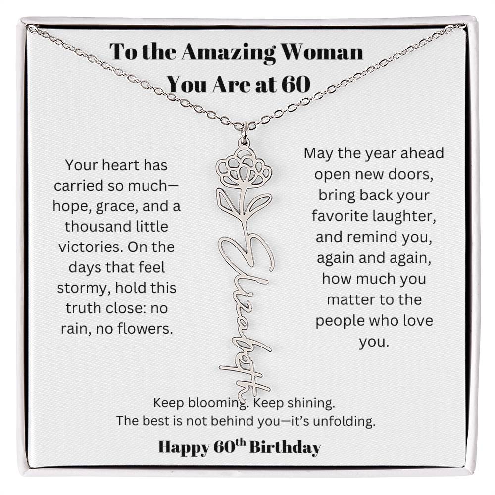 To The Amazing Woman | 60th Birthday Keepsake Jewelry | Flower Name Necklace